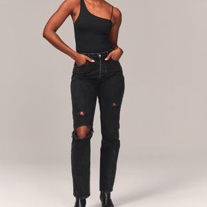 Abercrombie Curve Love High Rise Dad Straight Jean Black Destroy Size 28 / 6R